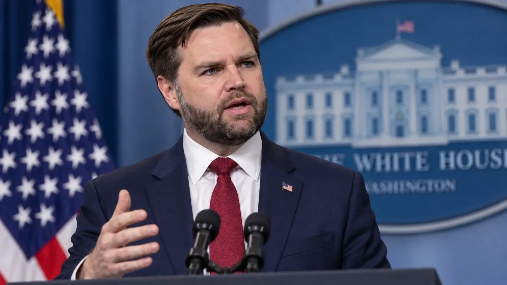 AI-generált illusztráció J. D. Vance amerikai alelnökről, amint sajtótájékoztatón beszél az Egyesült Államok zászlaja előtt.