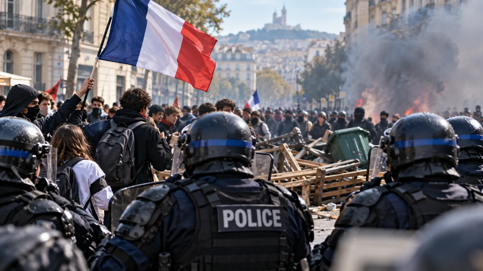Francia diáktüntetők és rendőrök egy utcai demonstráción – illusztráció.