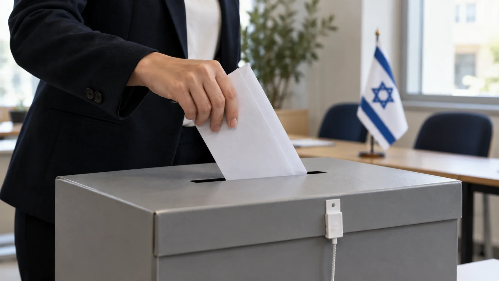 Egy választó borítékot helyez a szavazóurnába, a háttérben izraeli zászló látható.