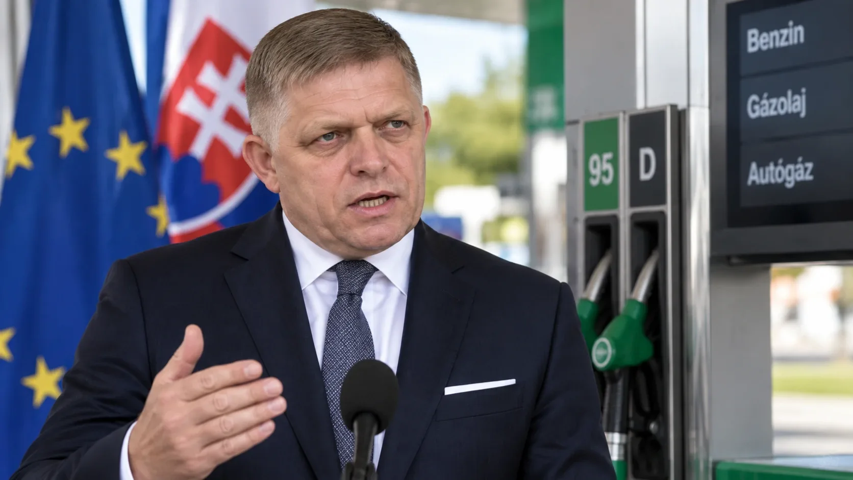 Illusztráció Robert Fico szlovák miniszterelnökről egy üzemanyagtöltő állomáson, uniós és szlovák zászlókkal a háttérben.