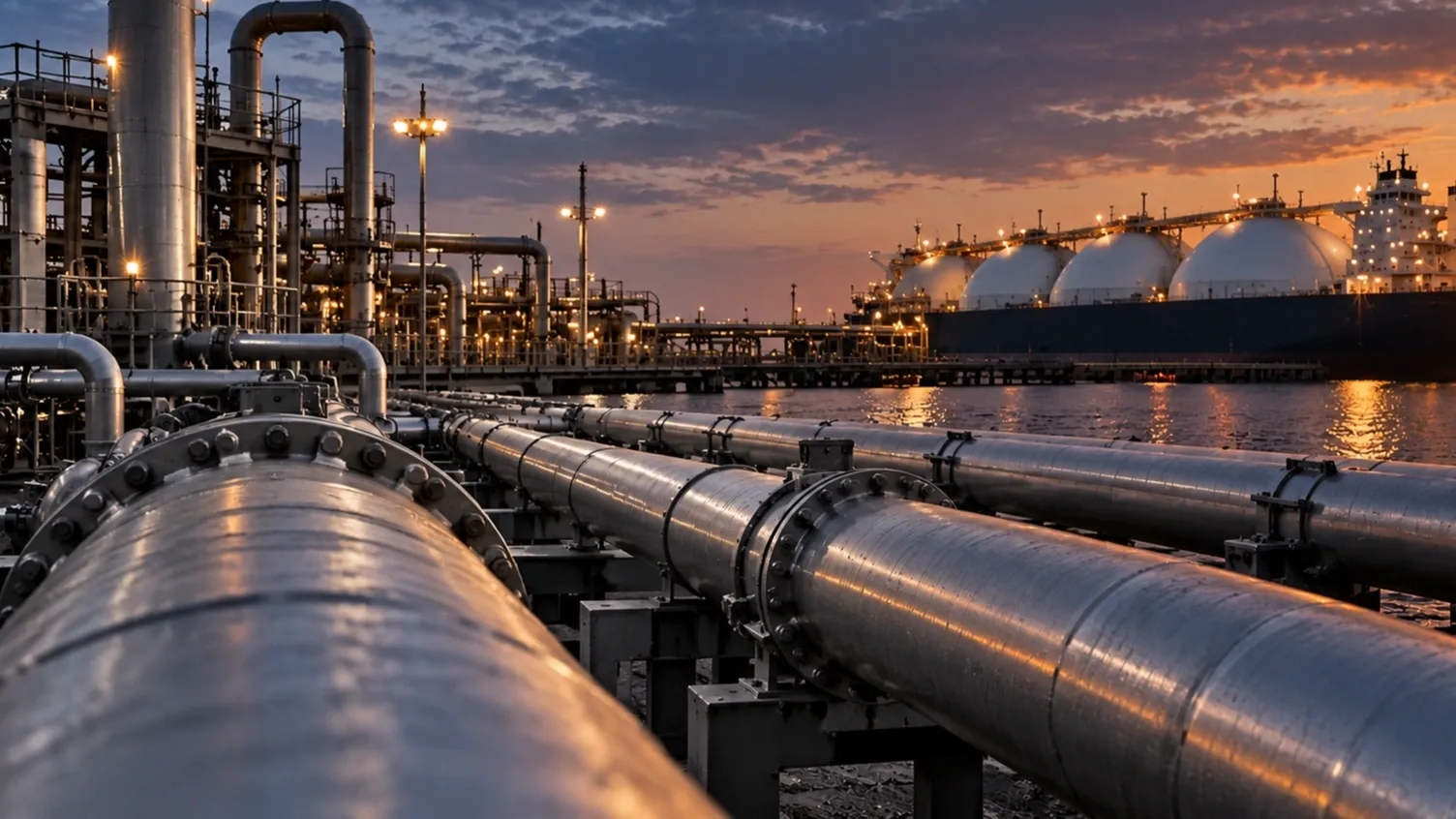 LNG-terminál nagyméretű gázvezetékekkel és kikötött cseppfolyósföldgáz-szállító hajóval naplementében.