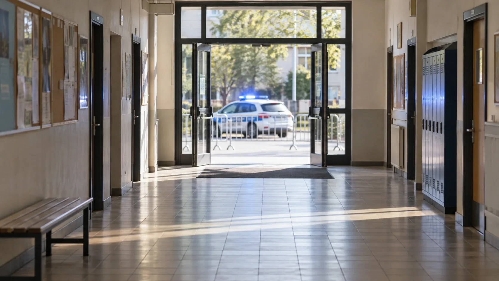 Üres iskolai folyosó, a nyitott bejáraton túl rendőrautó és fémkordon látható.
