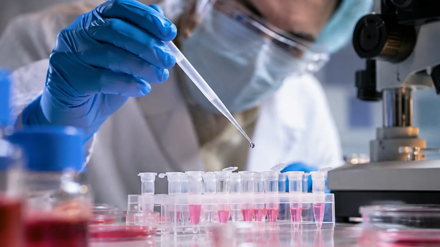 Laboratóriumi kutató pipettával dolgozik mintákon egy leukémiagyógyszer hatásának vizsgálata közben.