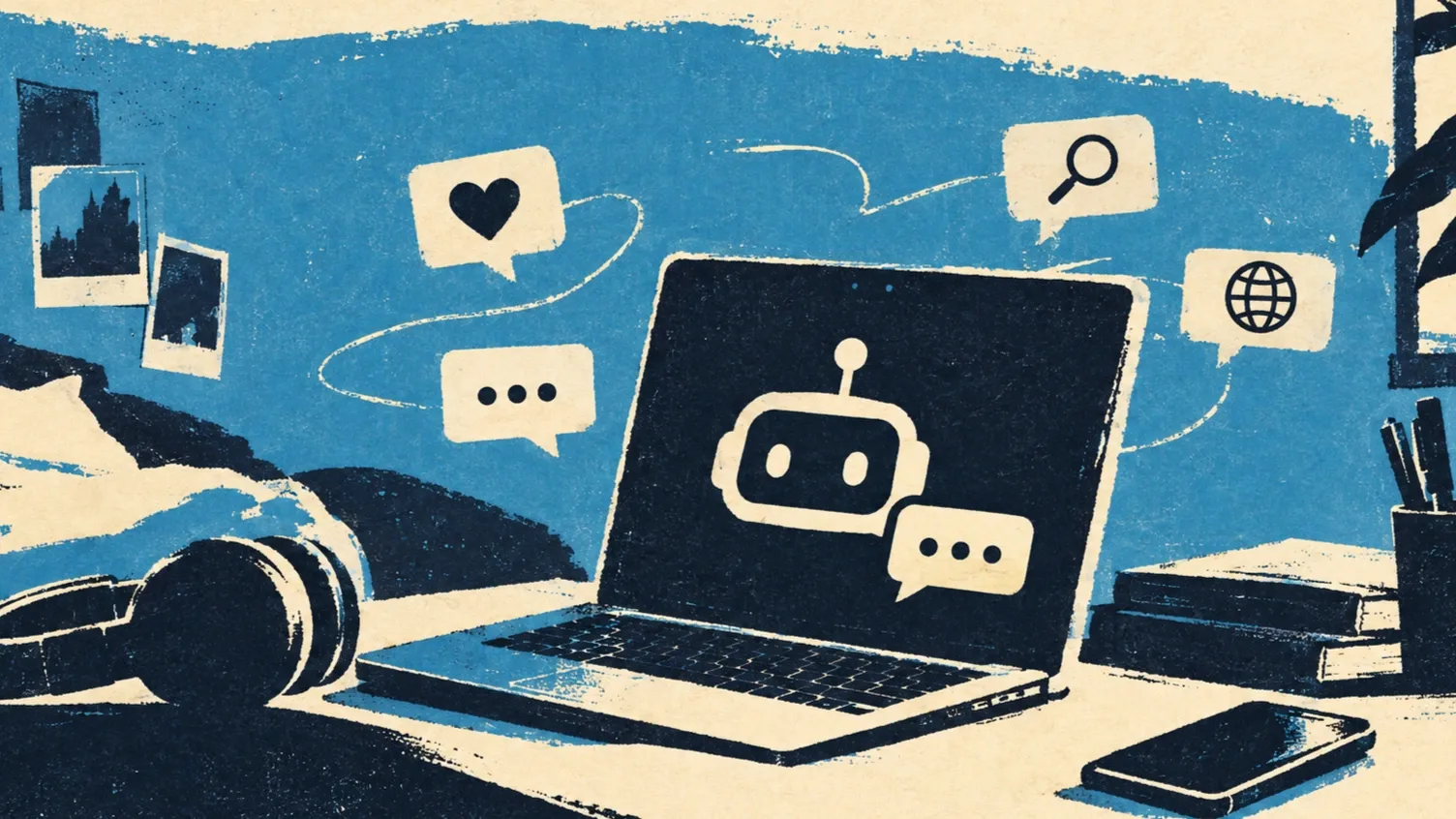 Laptop AI-chatbotot jelképező ikonnal, mellette okostelefon és fejhallgató, a gyerekek digitális világát és online biztonságát illusztrálva.