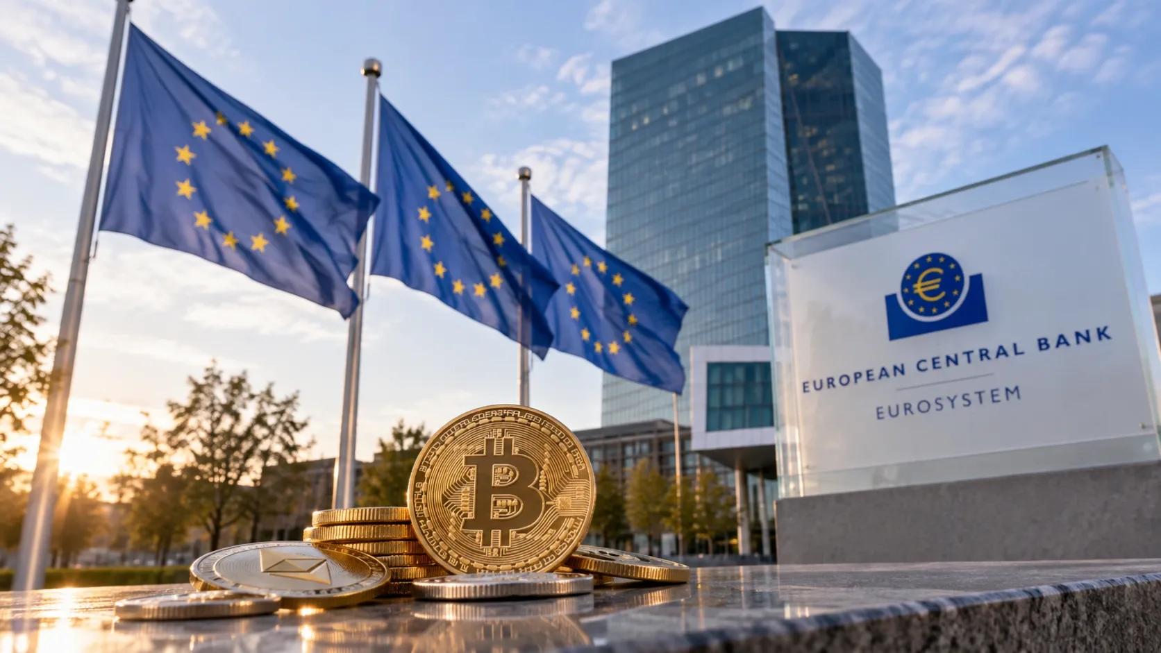 Bitcoin és más kriptovalutákat jelképező érmék az Európai Központi Bank épülete és uniós zászlók előtt.