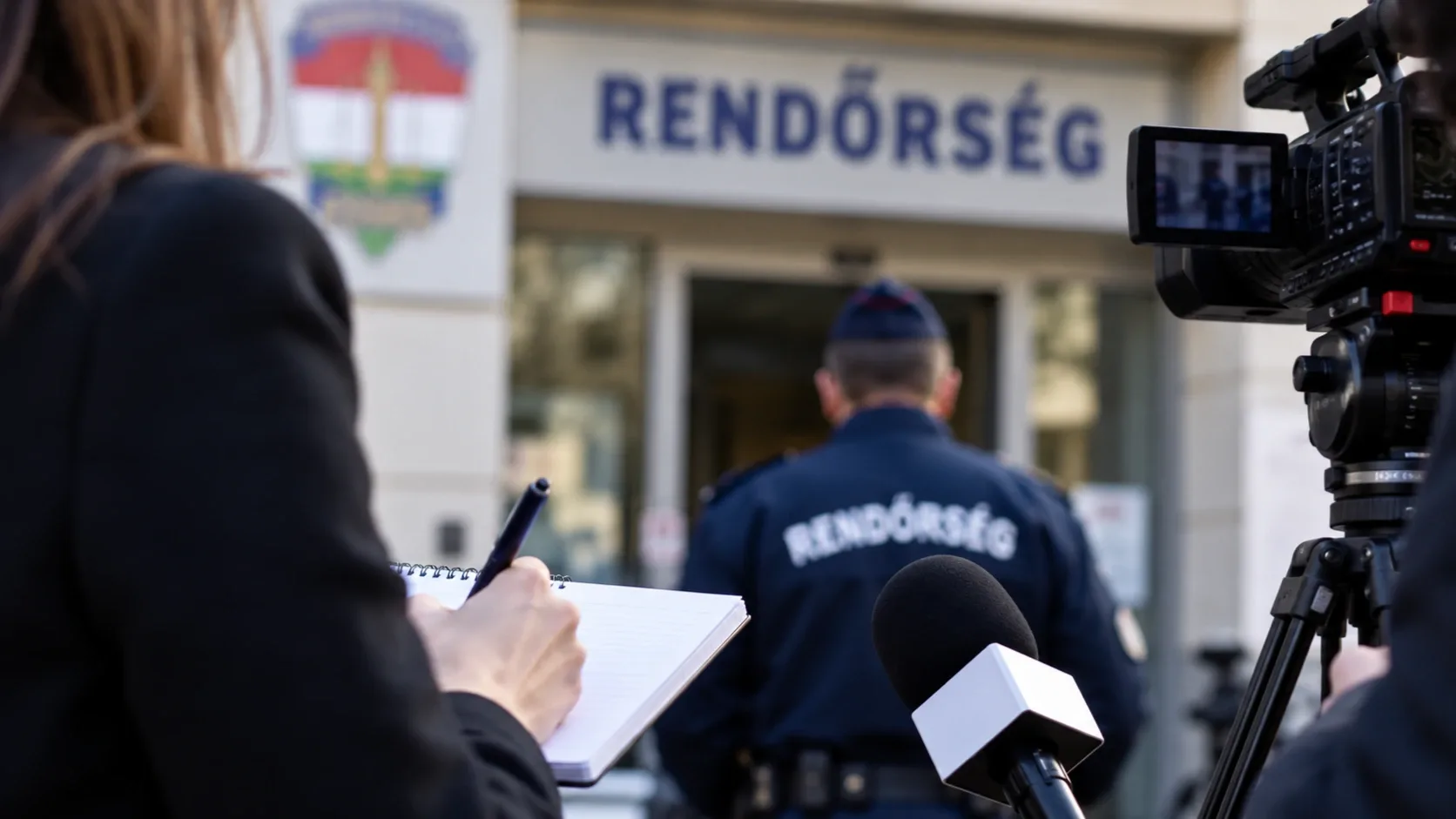 Újságíró jegyzetfüzettel, mikrofon és televíziós kamera egy rendőrségi épület előtt – illusztráció