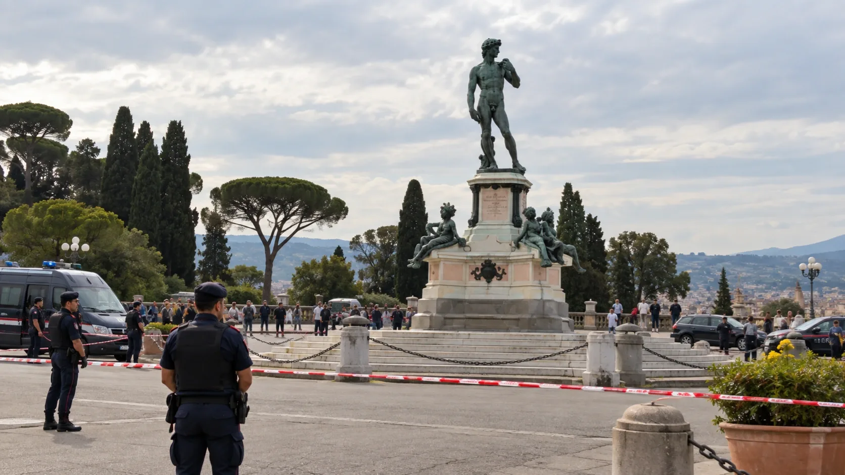 A firenzei Piazzale Michelangelo Dávid-szobra rendőrségi lezárással – illusztráció.