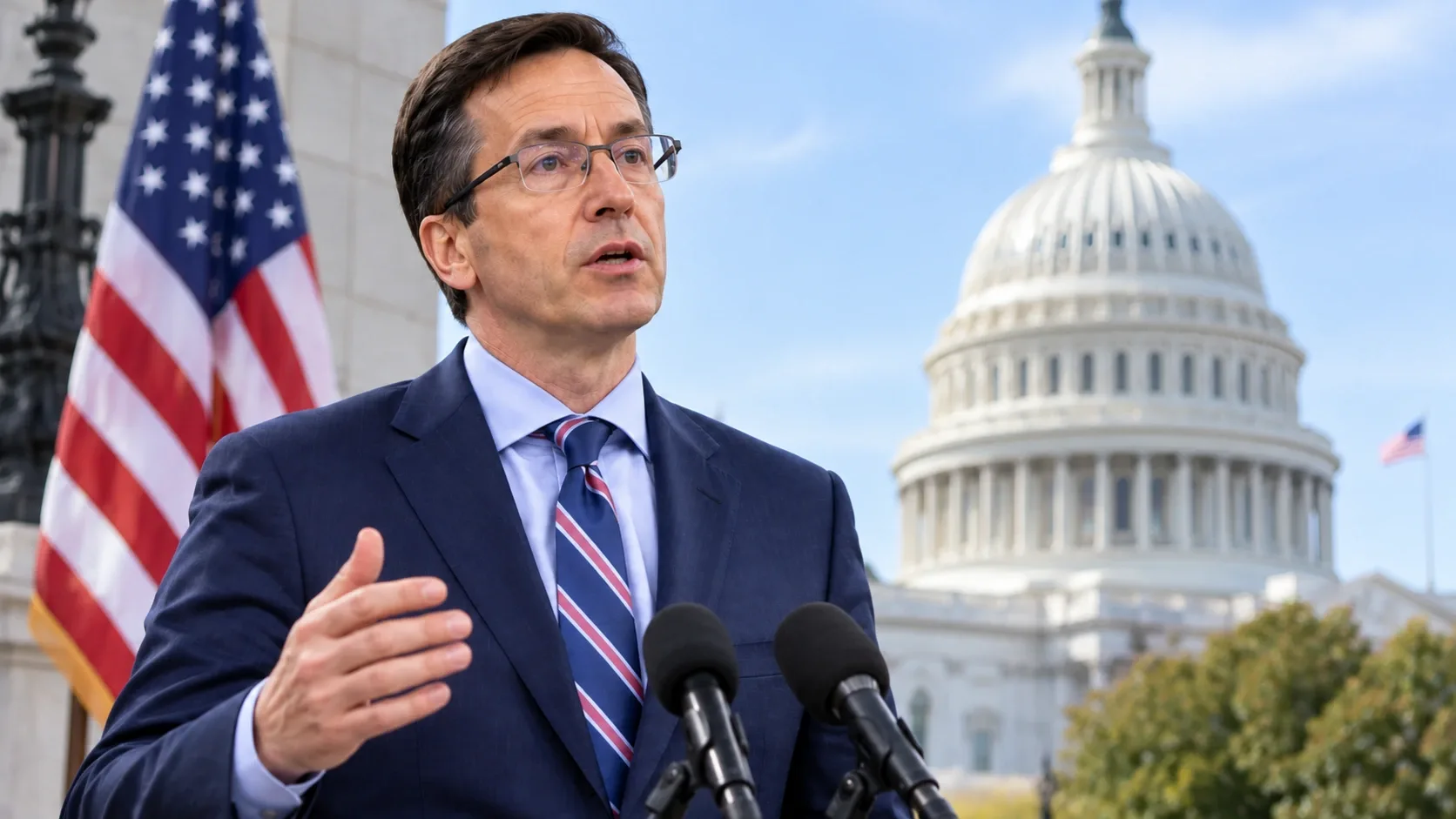 Illusztráció Hajdu Mártonról Washingtonban, az Egyesült Államok Capitoliumának épülete és amerikai zászló előtt.