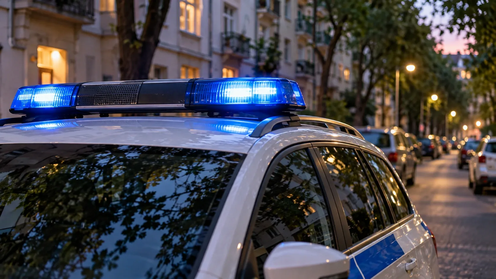 Rendőrautó világító kék fényhíddal egy fákkal szegélyezett városi utcán, alkonyatkor.