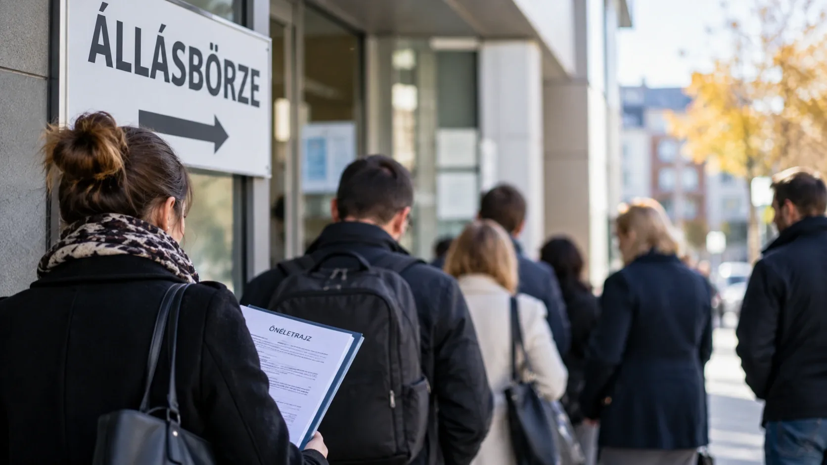 Álláskeresők önéletrajzzal egy állásbörze bejáratánál – illusztráció.