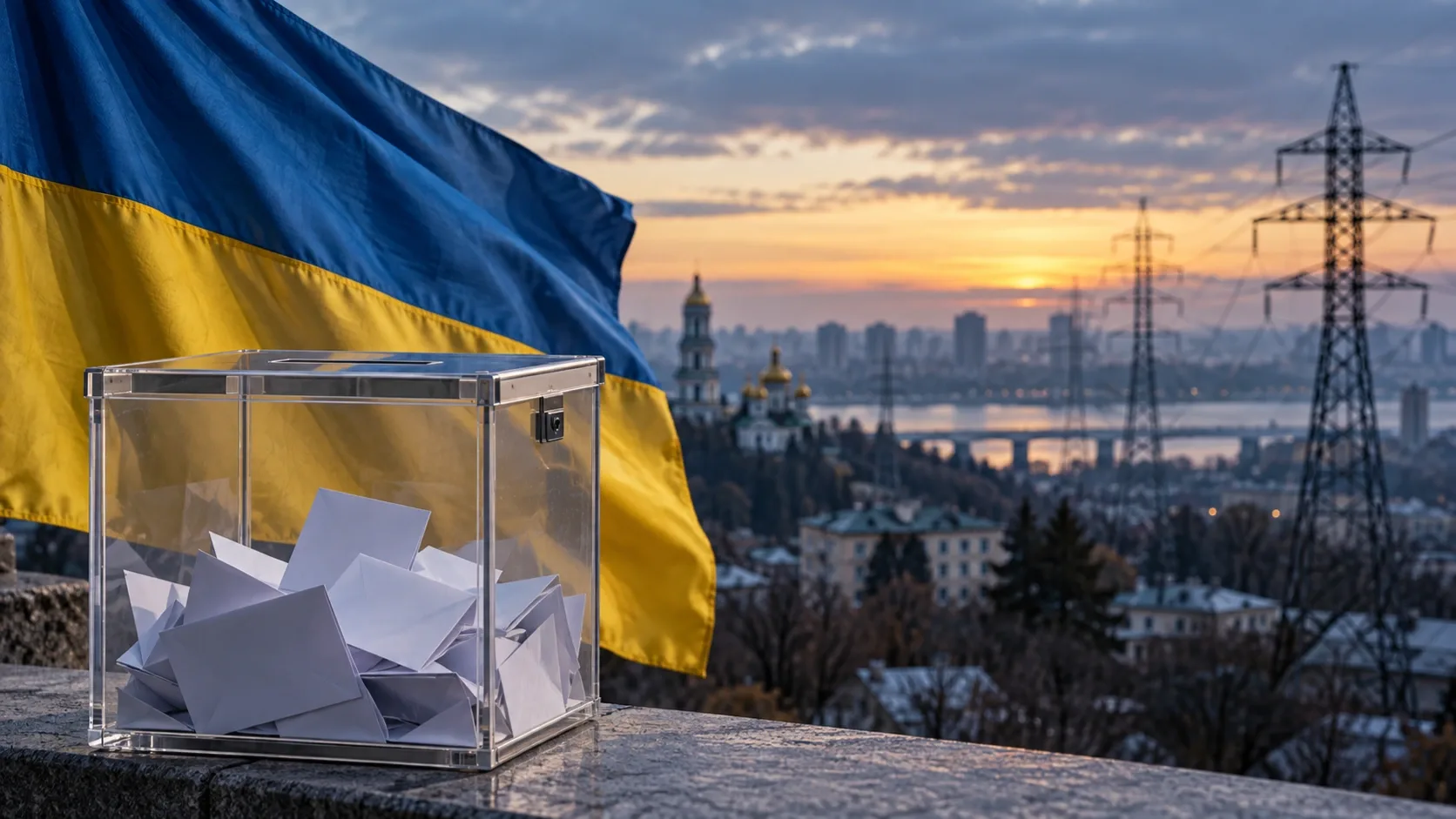 Átlátszó szavazóurna ukrán zászló előtt, háttérben városi látkép és villamosenergia-vezetékek.