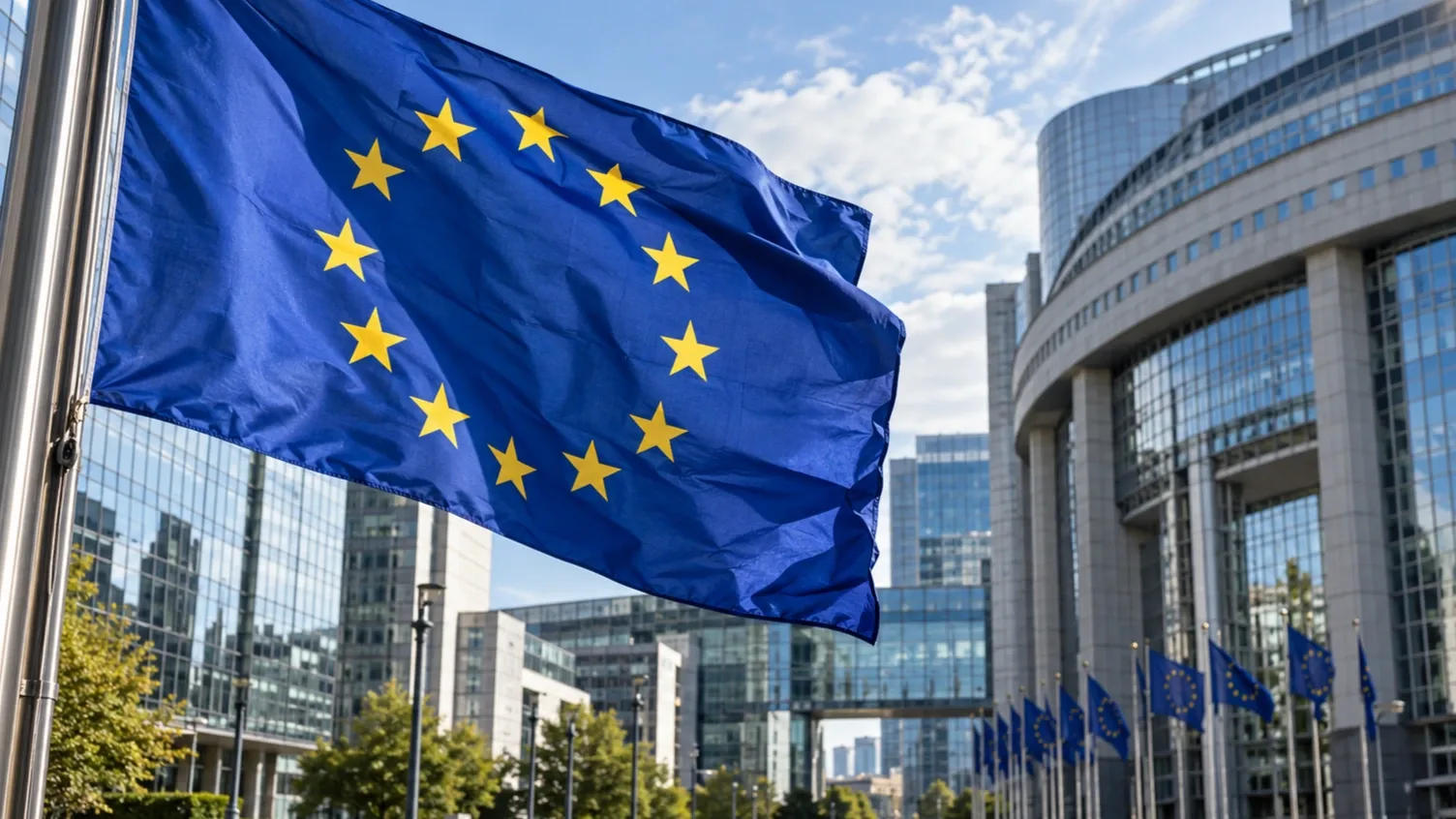 Az Európai Unió zászlaja lobog modern brüsszeli uniós intézményi épületek előtt.