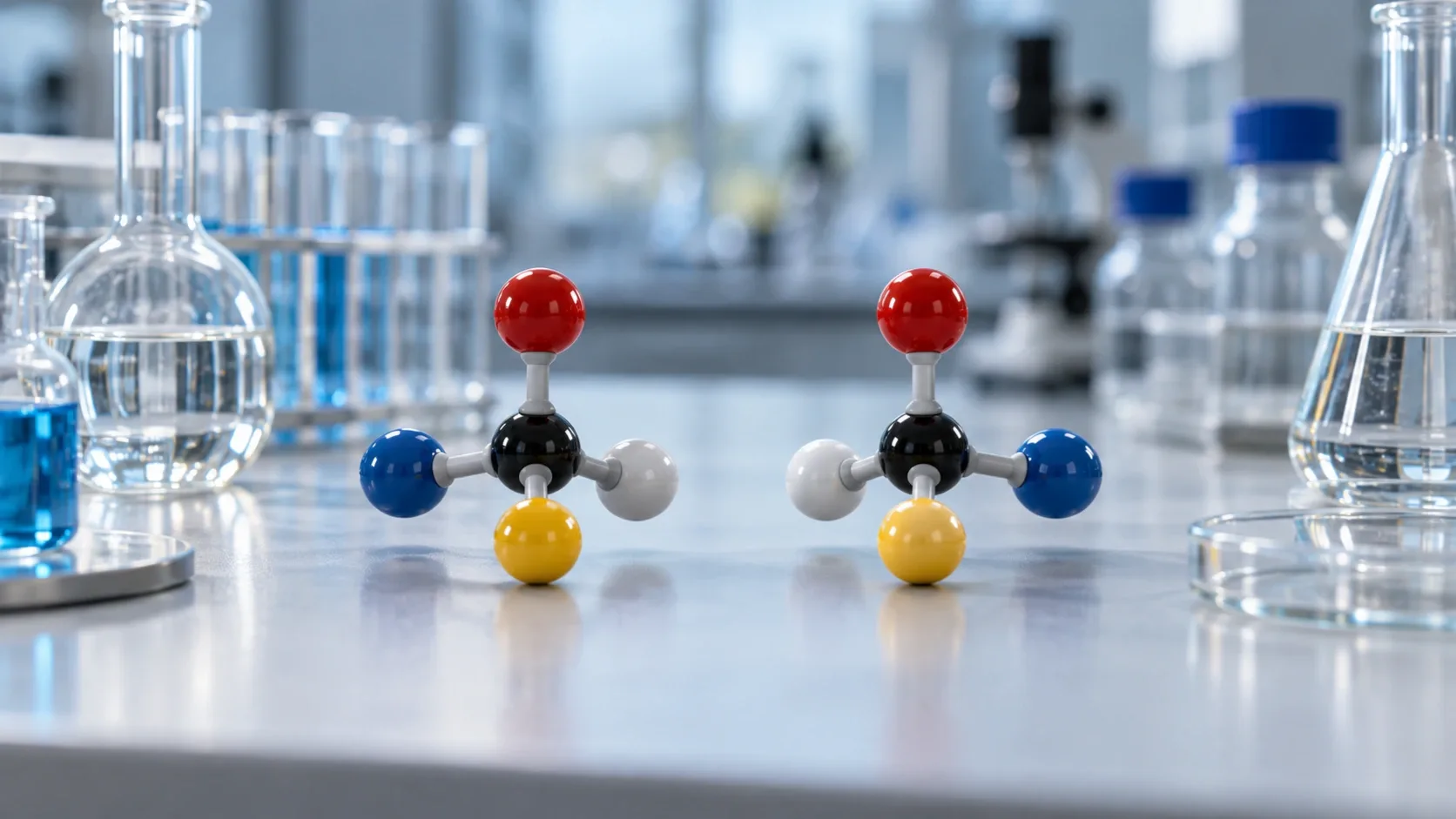 Két, egymás tükörképét idéző, színes molekulamodell egy laboratóriumi asztalon, üvegedények között.
