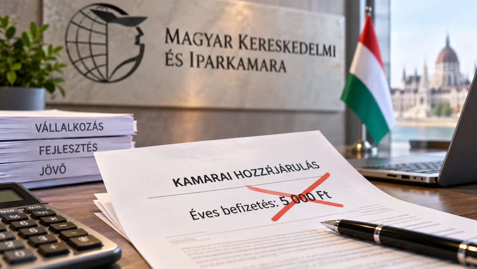 A kötelező kamarai hozzájárulás eltörlését szemléltető illusztráció, áthúzott ötezer forintos éves befizetéssel.