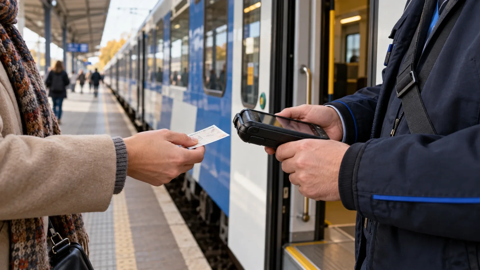 Menetjegy ellenőrzése egy kék-fehér személyvonat nyitott ajtajánál.