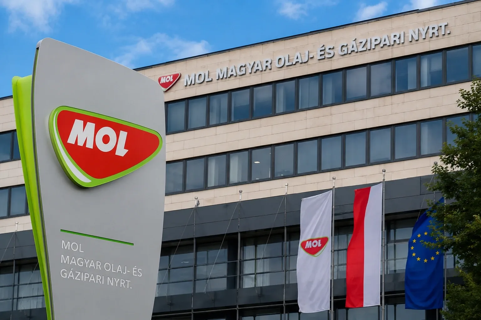 A Mol székházát és a vállalat emblémáját ábrázoló illusztráció a Mol állami részesedéséről.