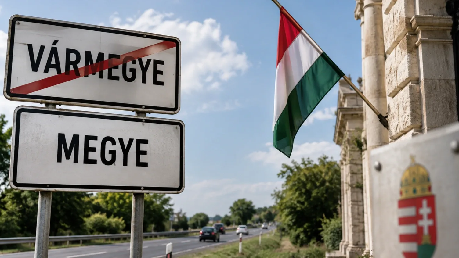 Magyarországi közúti tábla a vármegye elnevezés megszűnését és a megye elnevezés visszatérését jelképező borítóképen.