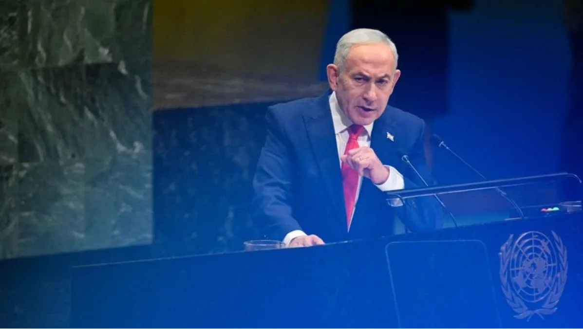 Benjamin Netanjahu izraeli miniszterelnök beszédet mond az ENSZ Közgyűlésének pódiumán New Yorkban.