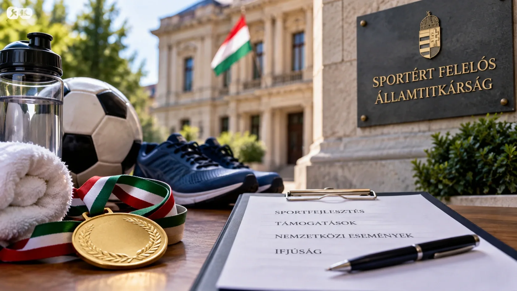 Sporteszközök, érem és dokumentumok egy magyar sportigazgatási intézményt megidéző épület előtt – illusztráció