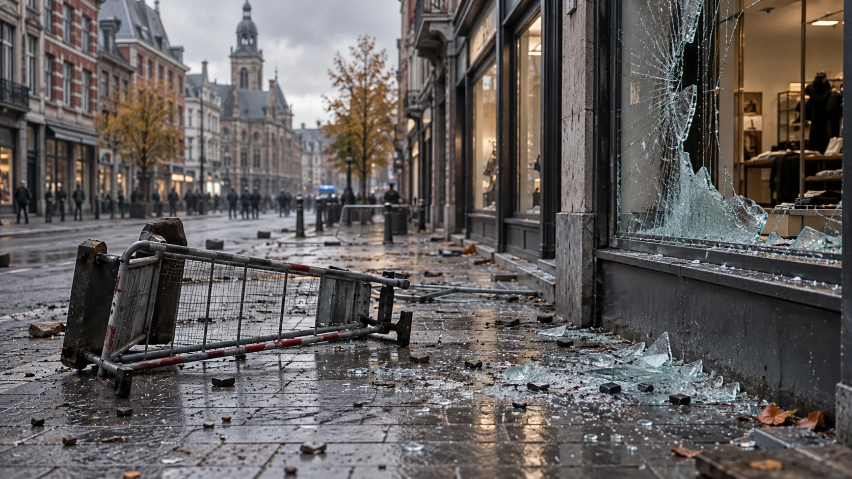Betört üzletkirakat, üvegszilánkok és felborított kordon egy esős belvárosi utcán.