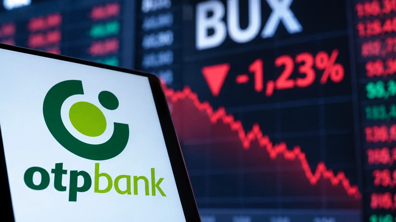 Az OTP Bank logója egy csökkenő tőzsdei árfolyamgrafikon és a BUX felirata előtt – illusztráció