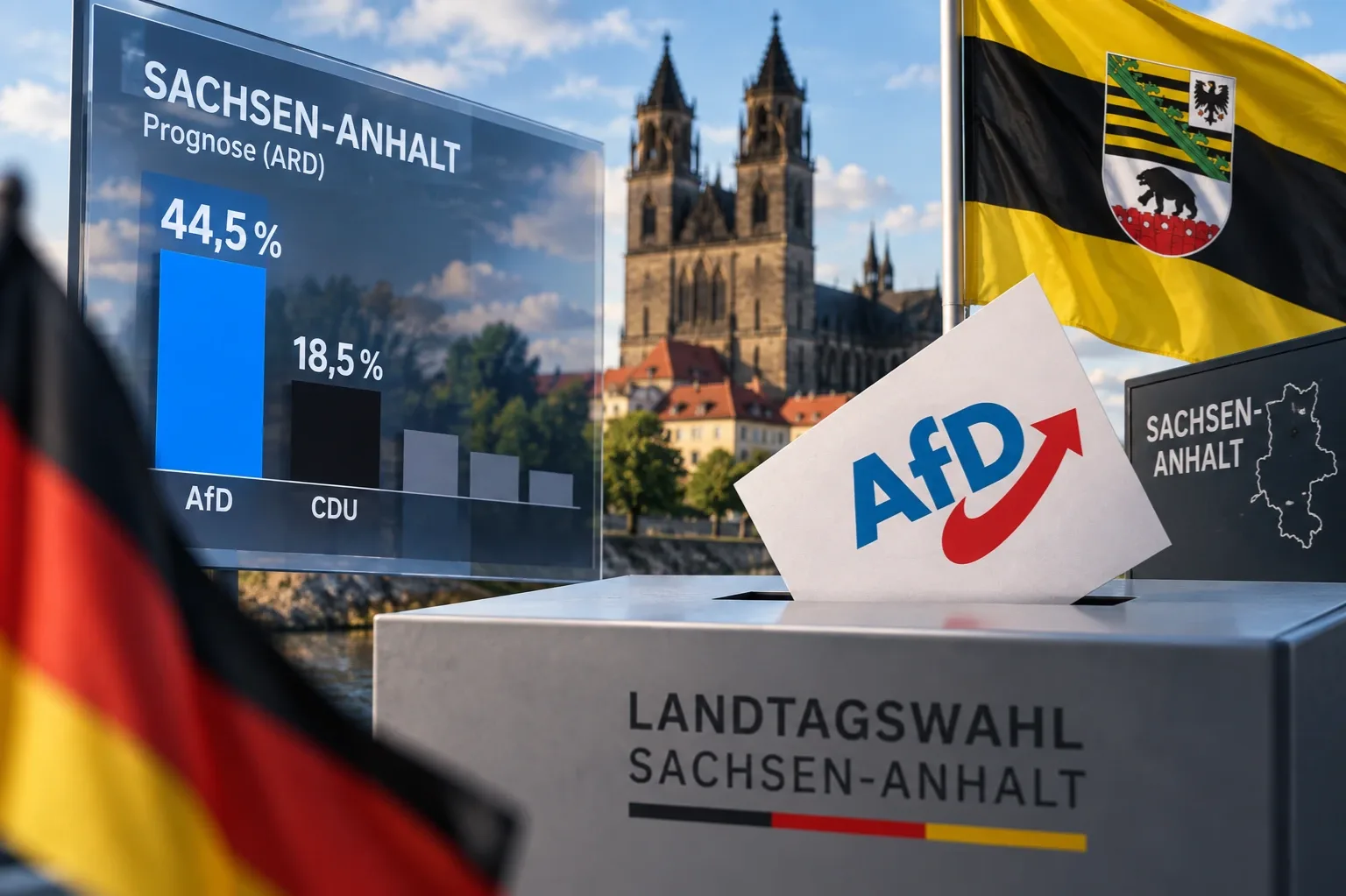 Az AfD szász-anhalti választási eredményét bemutató AI-generált illusztráció szavazóurnával és német zászlóval.