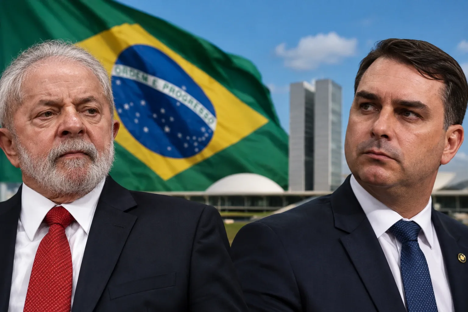 Luiz Inácio Lula da Silva és Flávio Bolsonaro a brazil zászló és a brazíliavárosi Nemzeti Kongresszus épülete előtt – illusztráció.