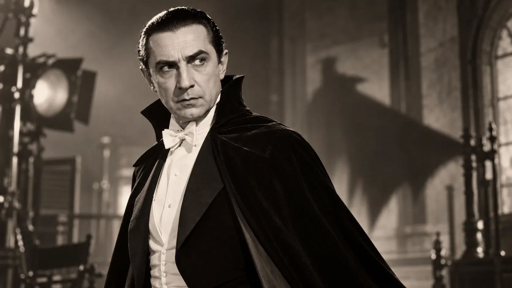 Lugosi Bélát Drakula jelmezében, fekete köpenyben ábrázoló, klasszikus filmes hangulatú MI-illusztráció.