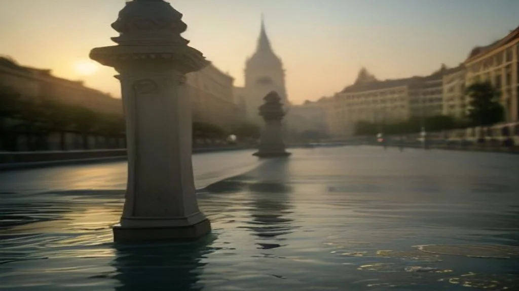 Budapesti ivókút lassan csöpögő vízzel a hőségben, háttérben a meleg, párás fényben úszó várossal.