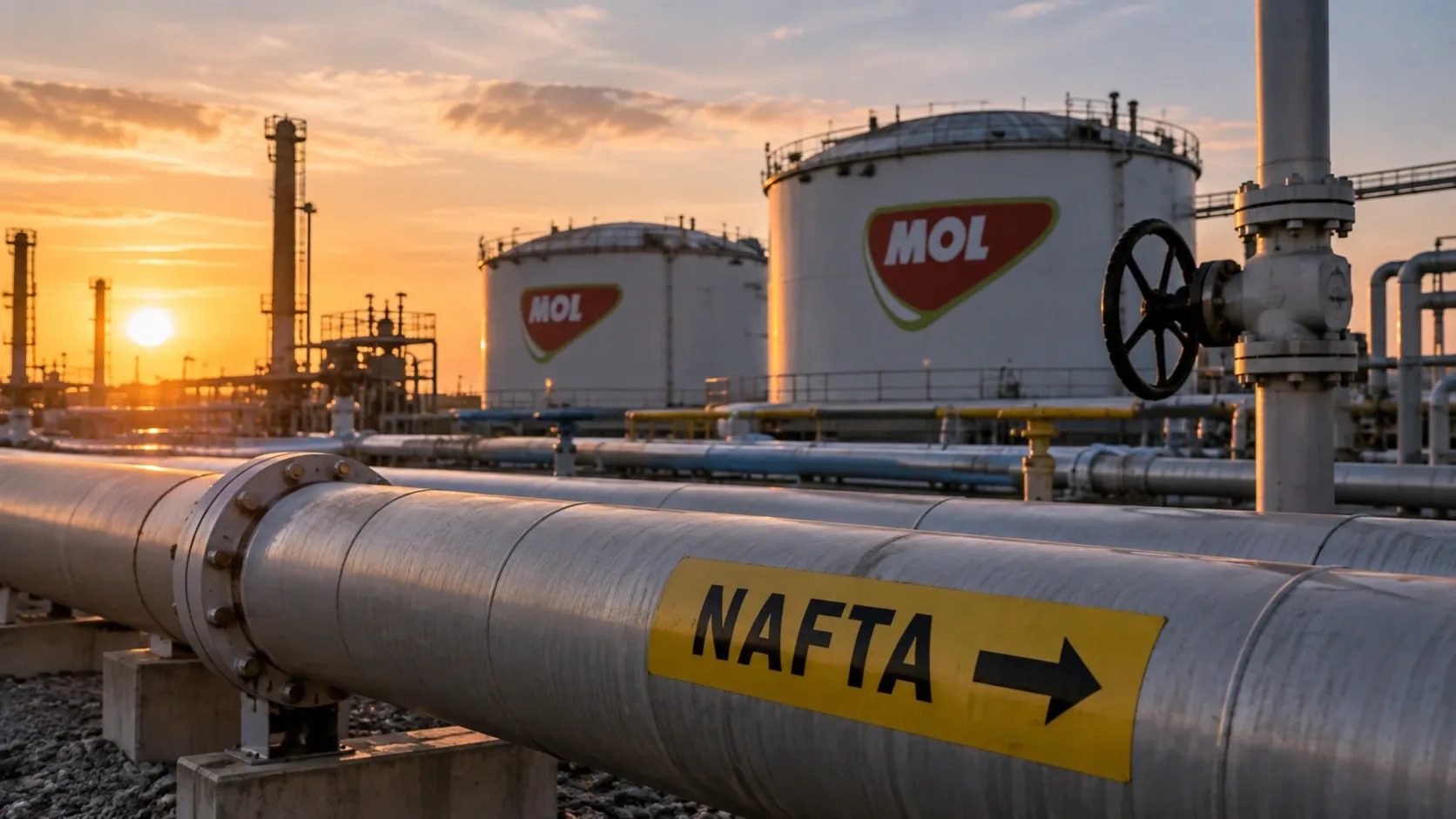 Kőolajtermék-tároló tartályokat és vezetékrendszert ábrázoló illusztráció a Mol és a Naftohaz együttműködéséről.