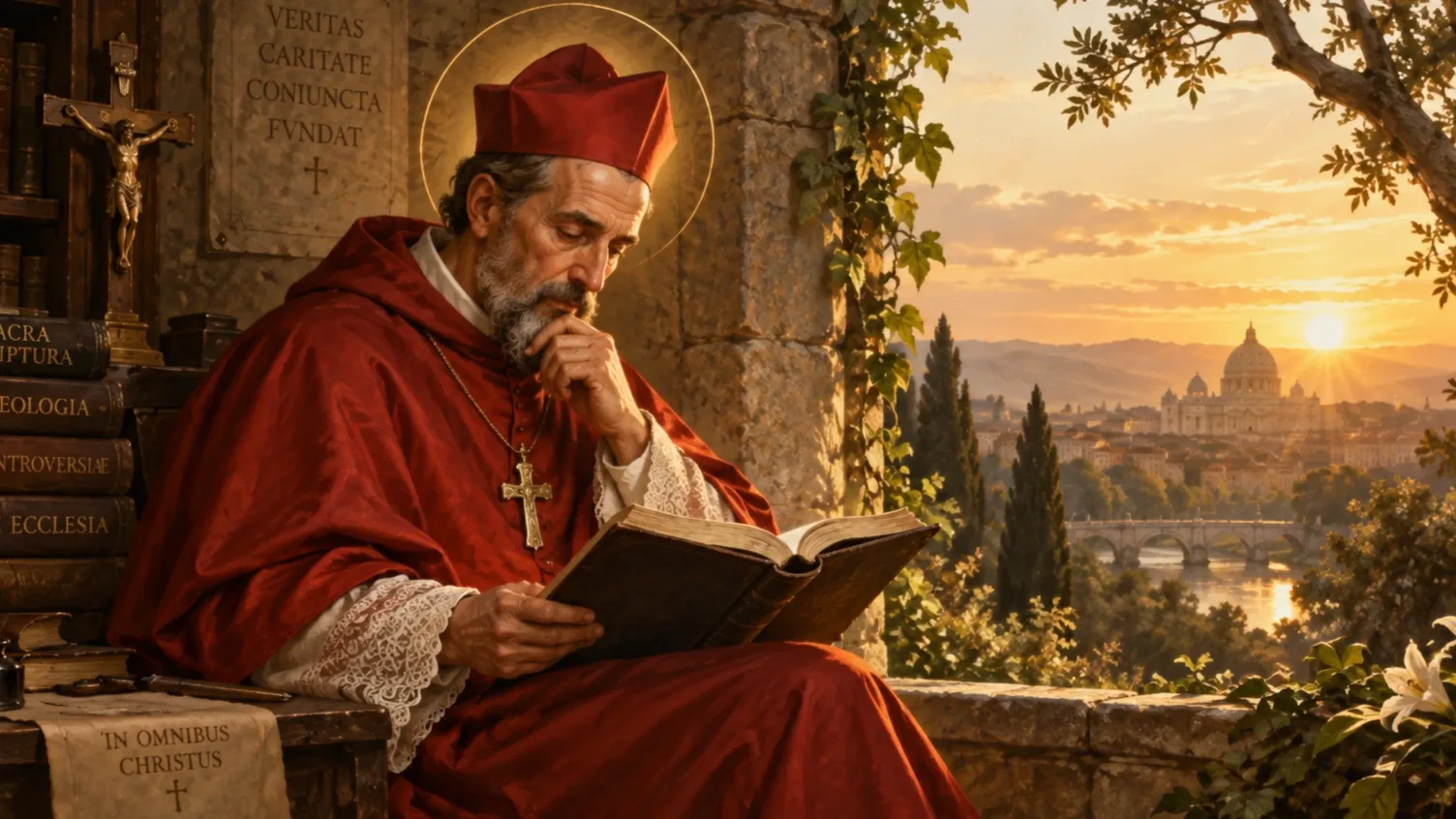 Bellarmin Szent Róbert bíboros és egyháztanító könyvet olvas aranyló reggeli fényben, háttérben templommal és római tájjal.