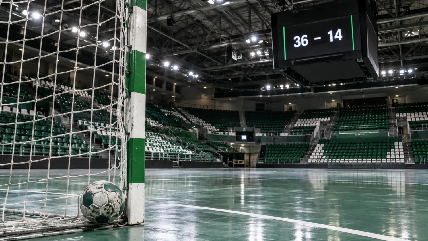 Üres kézilabdacsarnok 36–14-es eredményjelzővel a Győri ETO nagyarányú győzelme után.