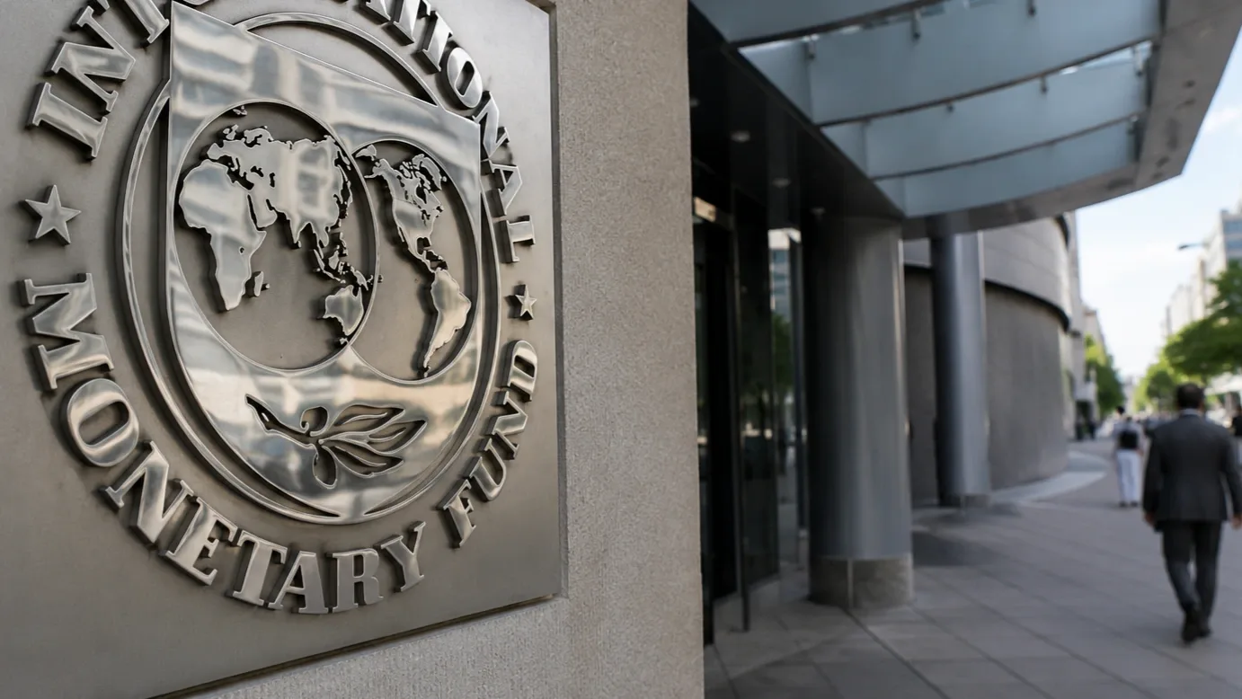 A Nemzetközi Valutaalap (IMF) emblémája egy modern irodaház bejáratánál. Az IMF friss jelentésében javította a magyar gazdaság növekedési és inflációs kilátásait.