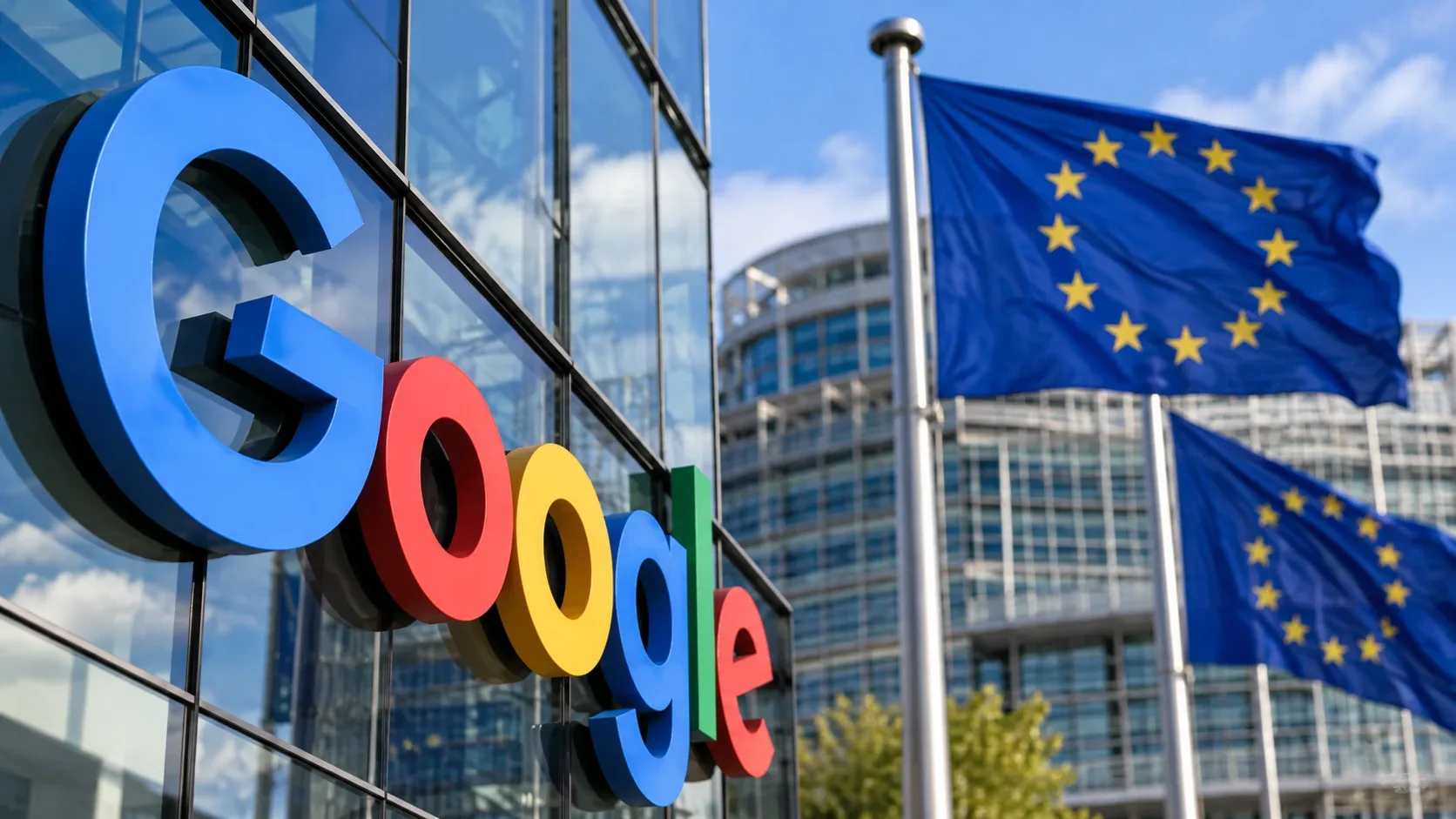 A Google logója és az Európai Unió zászlói egy modern épület előtt – illusztráció.
