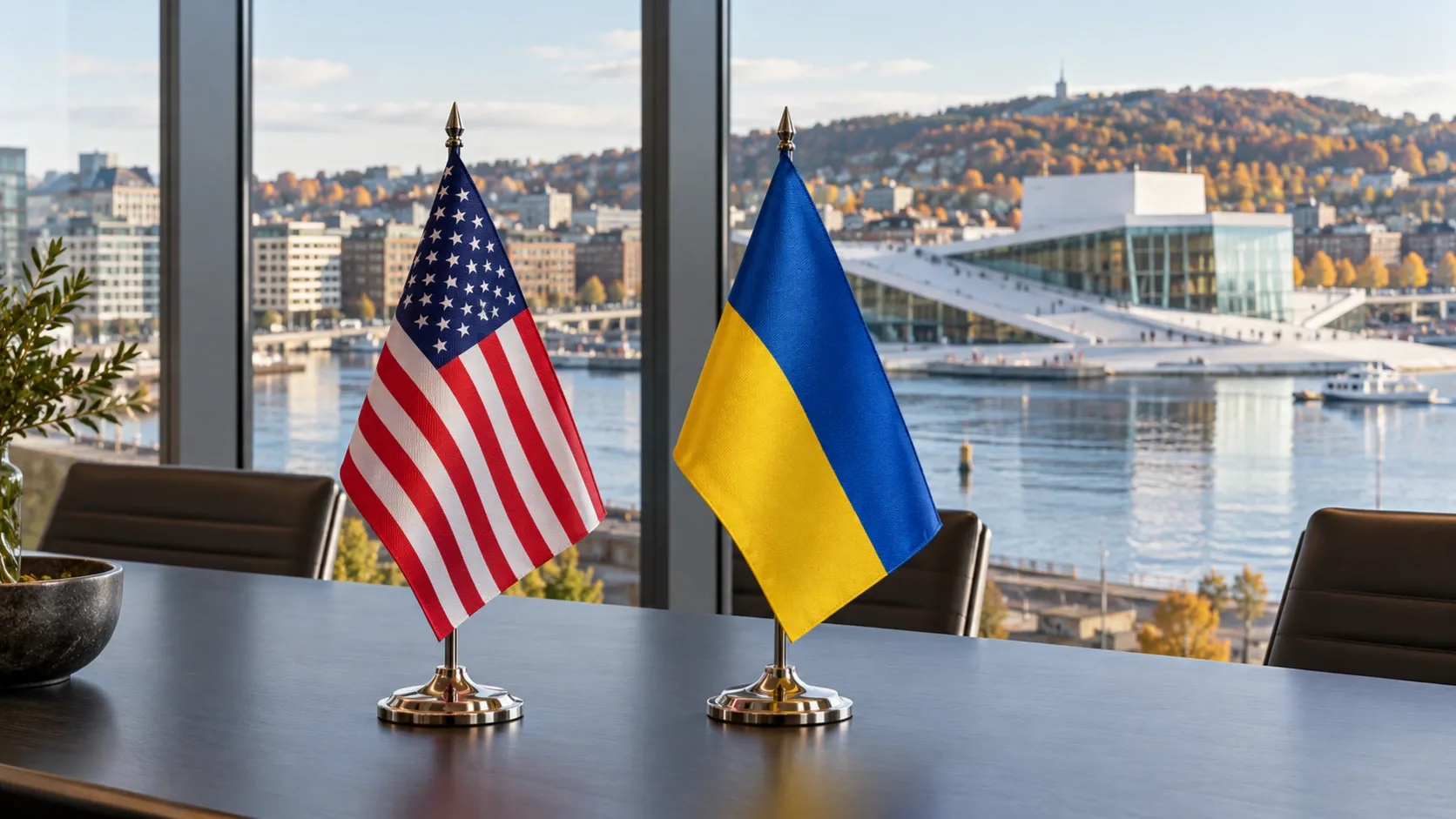 Amerikai és ukrán asztali zászló egy tárgyalóasztalon, háttérben az oslói operaházzal. MI-illusztráció.