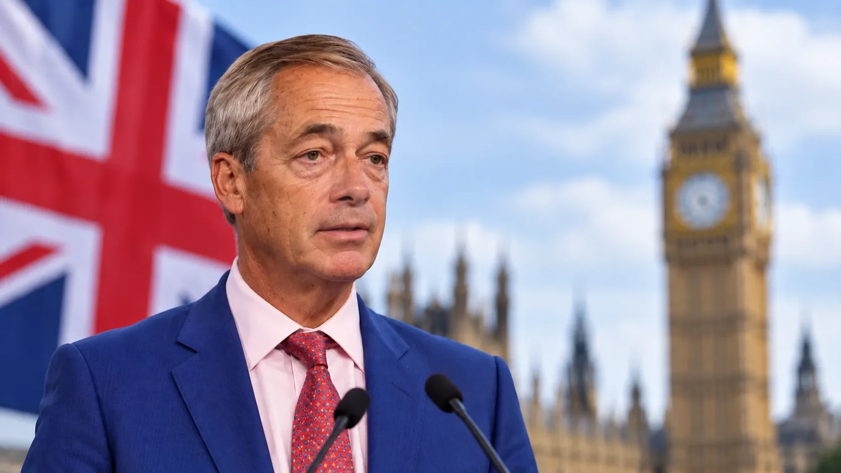 Nigel Farage, a Reform UK vezetője brit zászló és a londoni Westminster előtt.
