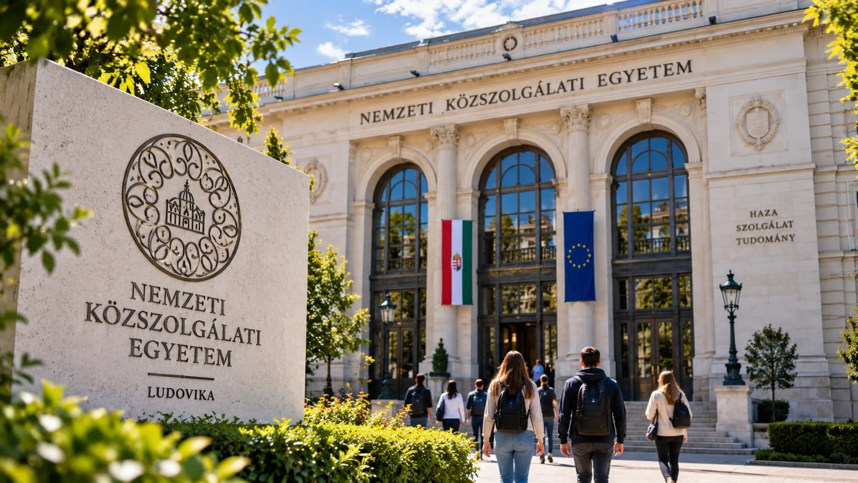 A Nemzeti Közszolgálati Egyetemet ábrázoló AI-generált illusztráció diákokkal.