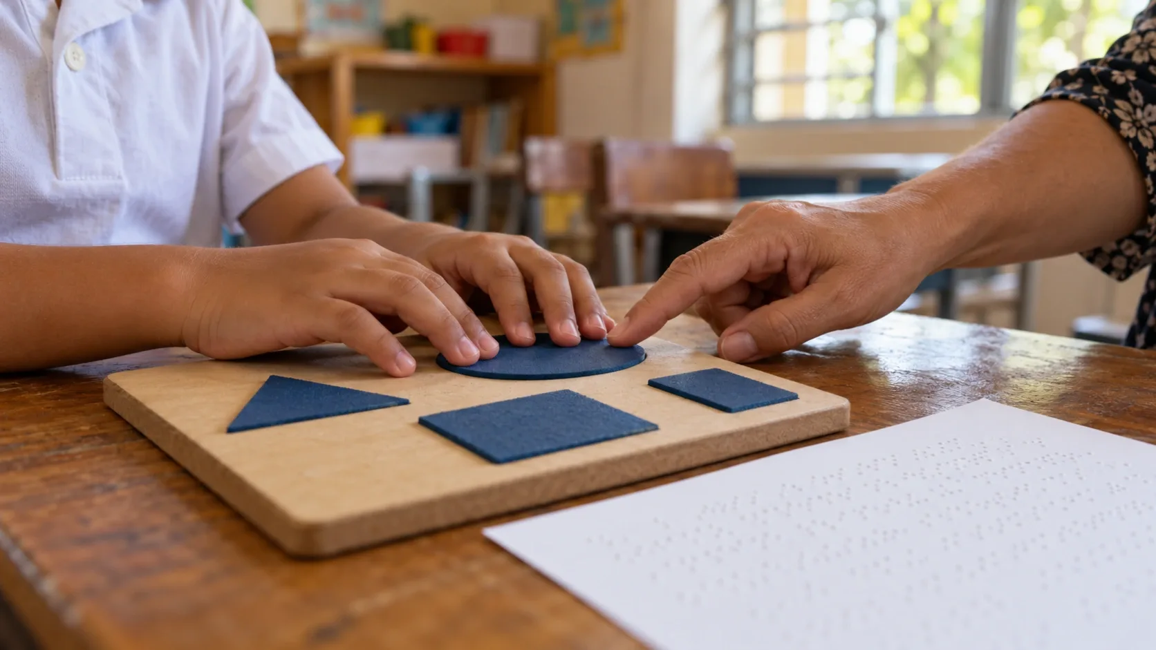 Gyermek keze tapintható geometriai formákon, mellette egy pedagógus segítő keze és egy Braille-írásos lap.
