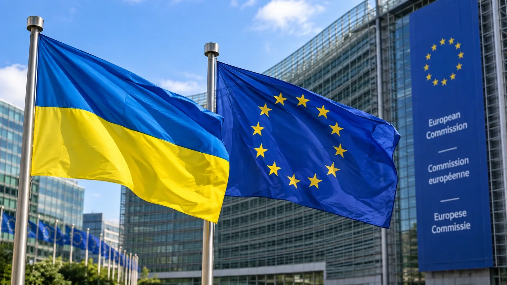 Ukrán és európai uniós zászló az Európai Bizottság brüsszeli épülete előtt.