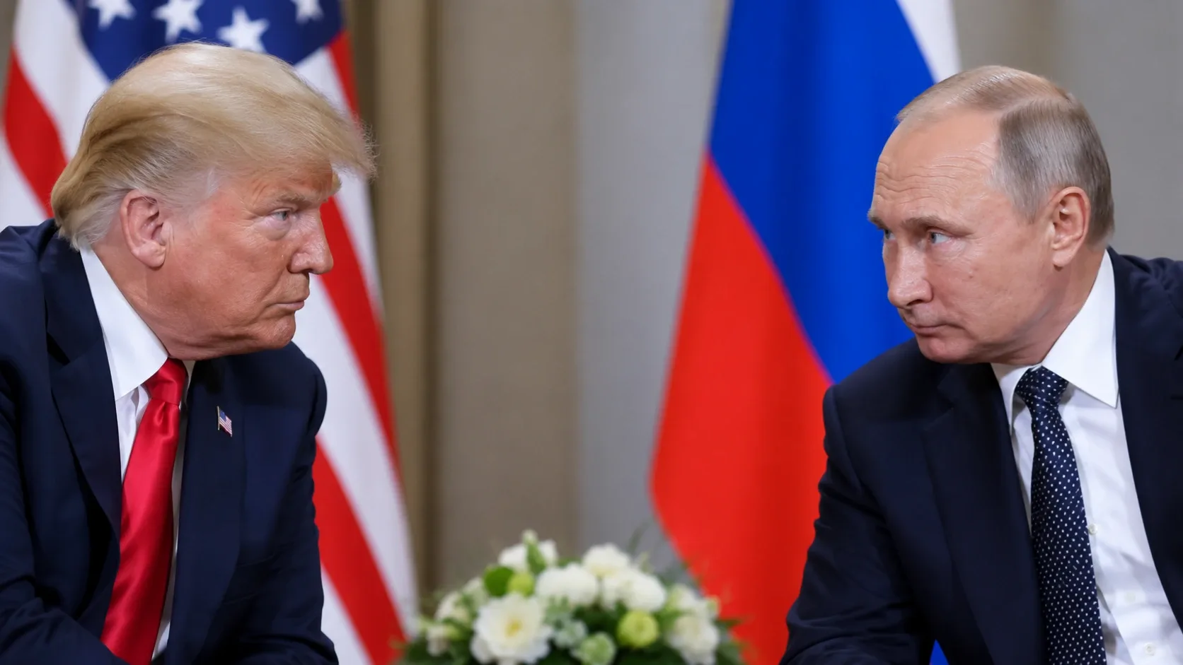 Donald Trump és Vlagyimir Putyin tárgyalását ábrázoló illusztráció amerikai és orosz zászlókkal.