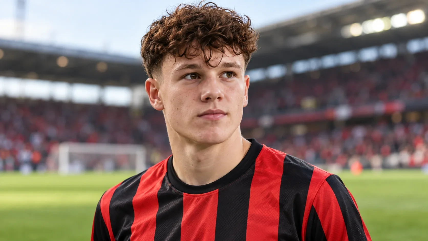 Tóth Alexet ábrázoló illusztráció piros-fekete mezben, elmosódott stadionháttér előtt.