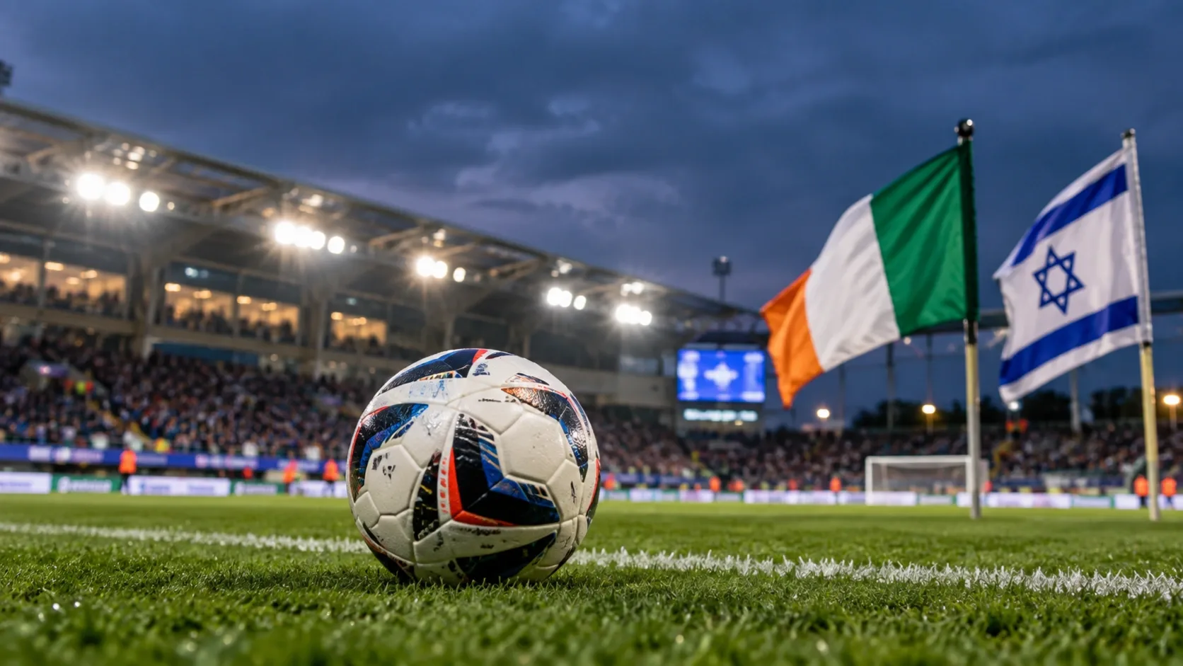Labdarúgó-stadion az ír és az izraeli zászlóval – illusztráció az Írország–Izrael mérkőzéshez.