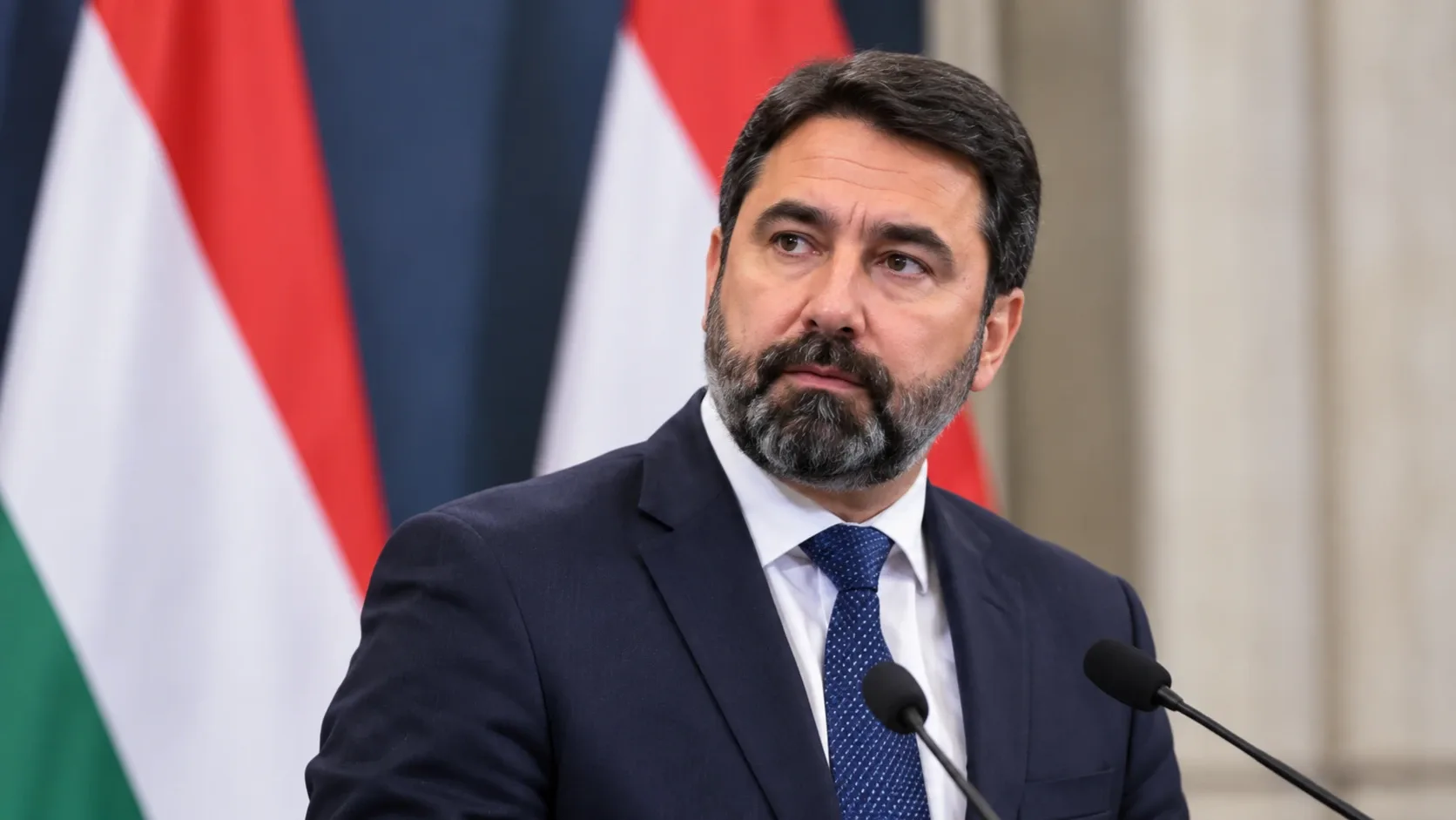 Hidvéghi Balázst ábrázoló illusztráció magyar zászlók előtt.