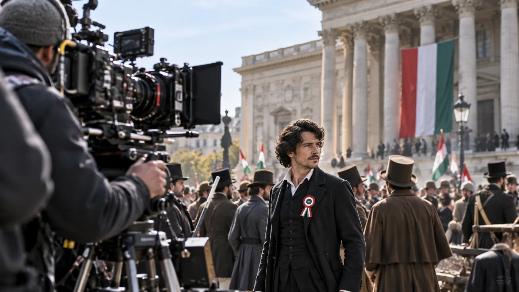 A Most vagy soha! című történelmi film forgatását idéző jelenet filmes kamerával és 1848-as öltözetű szereplőkkel – AI-generált illusztráció.
