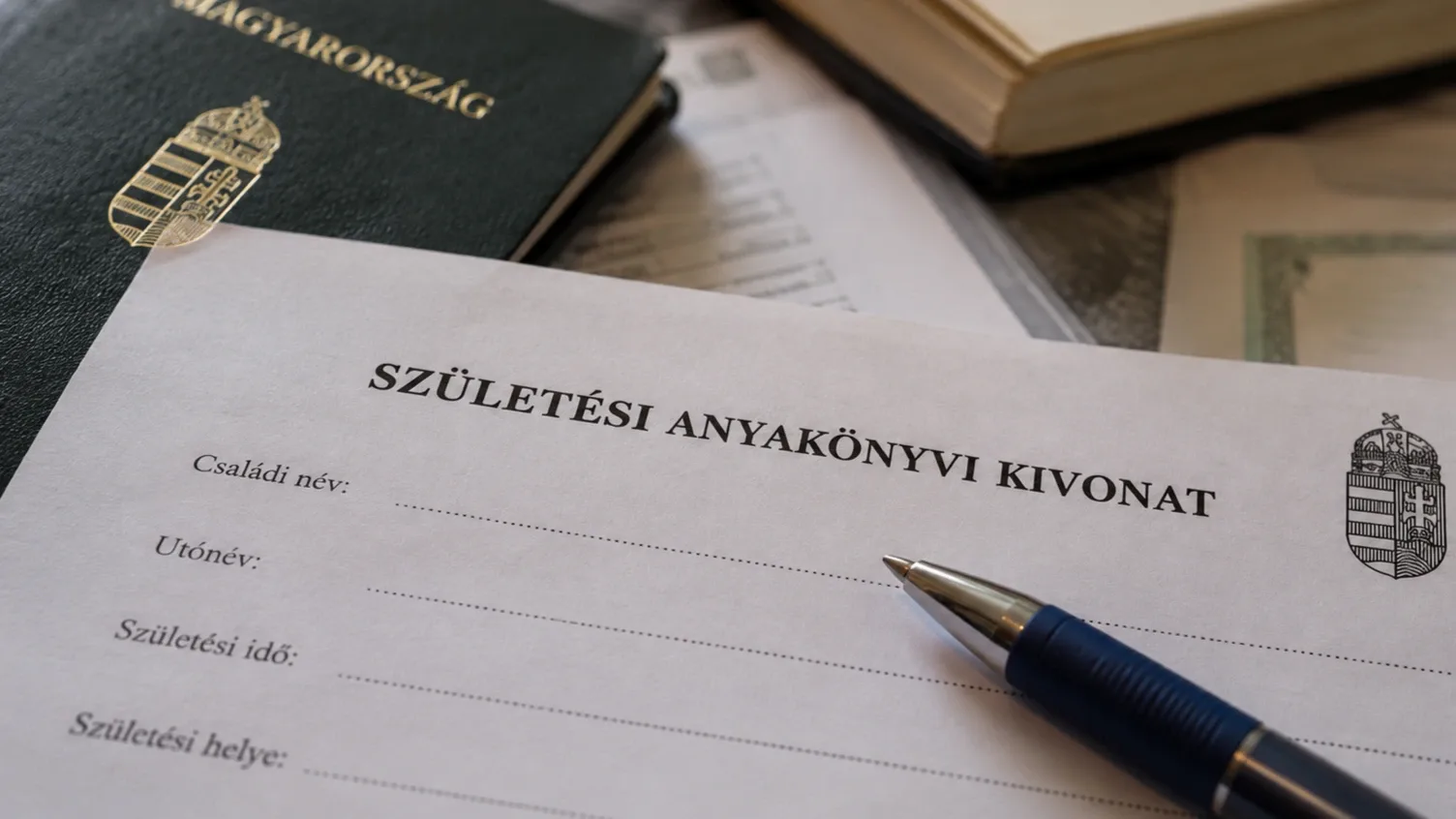 Születési anyakönyvi kivonat és toll egy asztalon, a háttérben magyar útlevéllel.