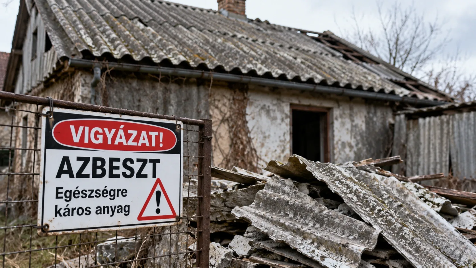 Azbesztcement hullámpala egy régi épületen és bontási törmelék között, azbesztveszélyre figyelmeztető táblával.