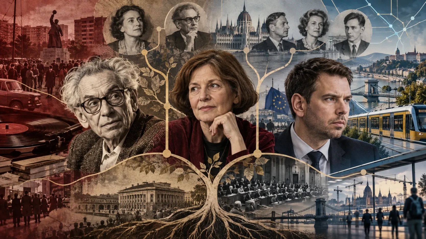 Erdős Péter, Hankiss Ágnes és Vitézy Dávid három generációját összekötő, családfát és politikai korszakokat idéző illusztráció
