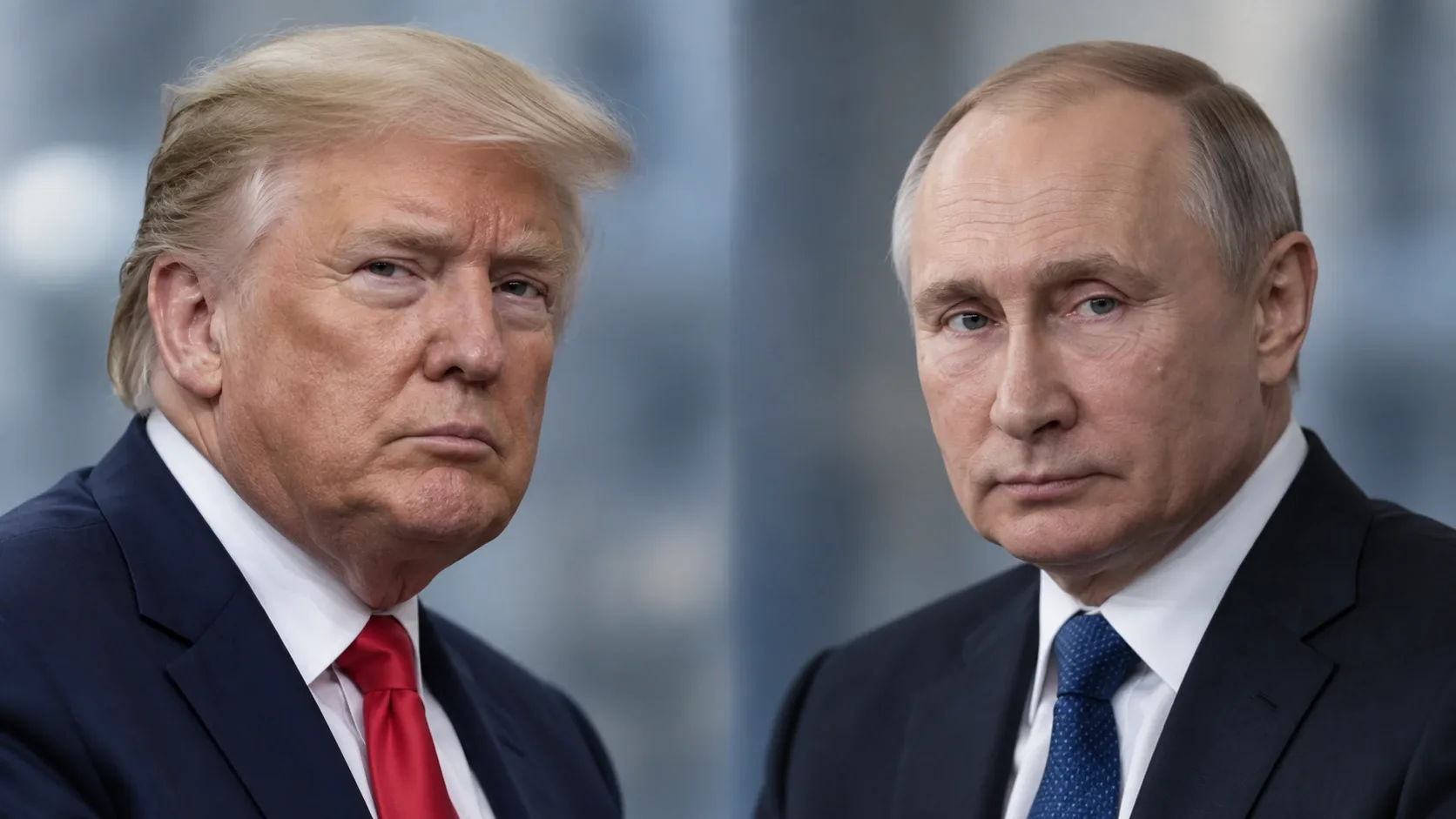 Donald Trump portréja baloldalt, Vlagyimir Putyin portréja jobboldalt, semleges szürke háttér előtt.
