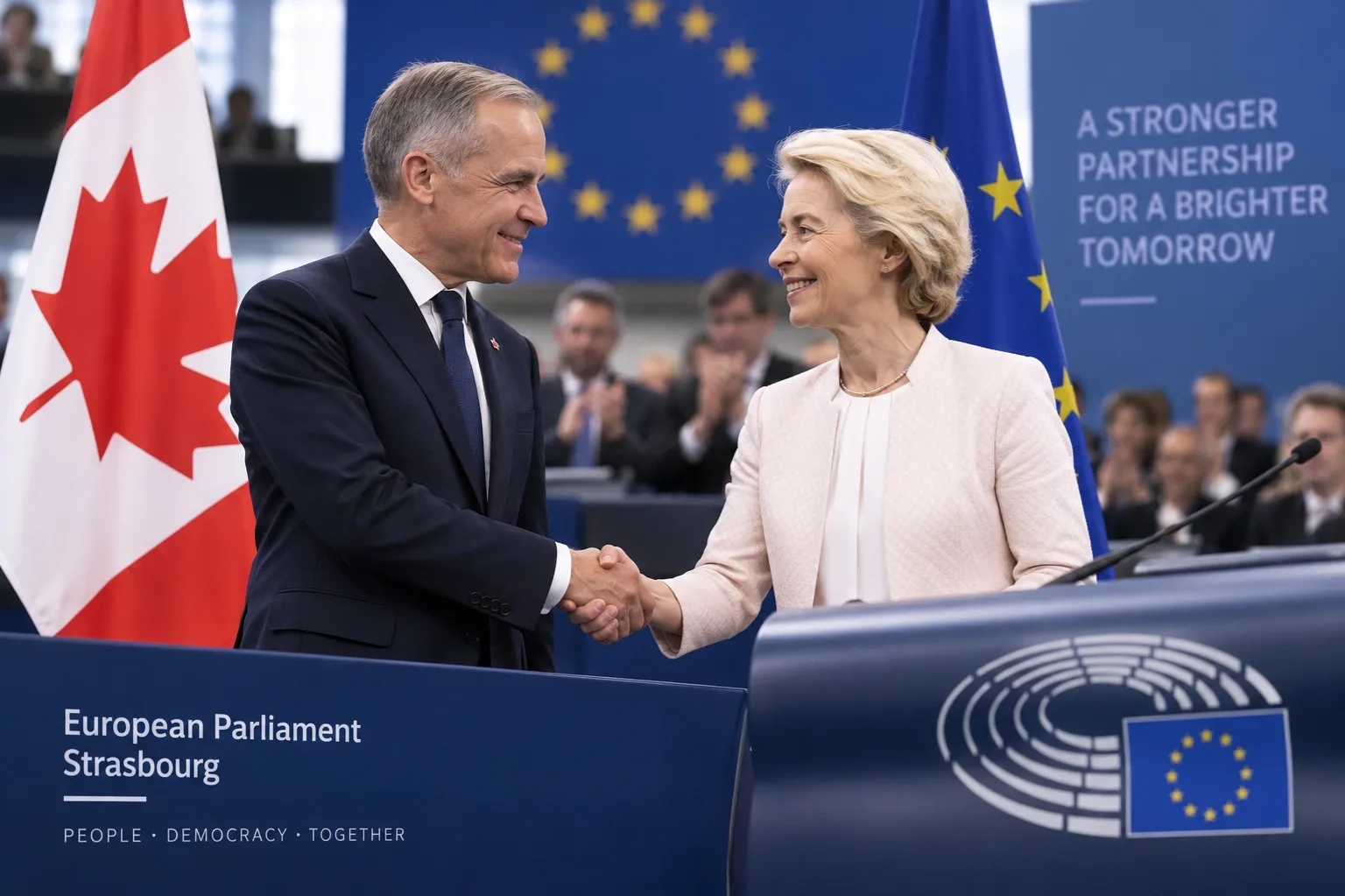 Mark Carney kanadai miniszterelnök és Ursula von der Leyen, az Európai Bizottság elnöke az EU és Kanada zászlói előtt – AI-generált illusztráció.