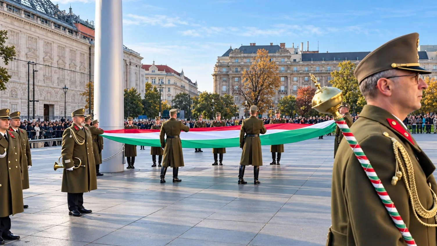 Díszegyenruhás katonák tartanak kifeszítve egy hatalmas magyar zászlót egy városi téren, ünnepélyes ceremónia közben, történelmi épületek előtt.